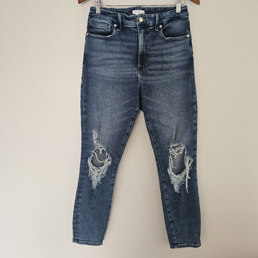 Good American high rise good waist skinny jeans dark blue stretch distress 10 30
